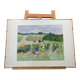 Framed watercolor depicting an agricultural landscape