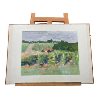 Aquarelle encadrée représentant un paysage agricole