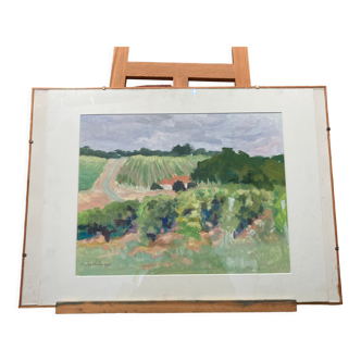 Framed watercolor depicting an agricultural landscape