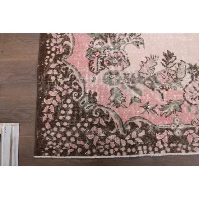 1970s Vintage Turkish Oushak Handmade Wool Cotton Pink Area Rug 173x293