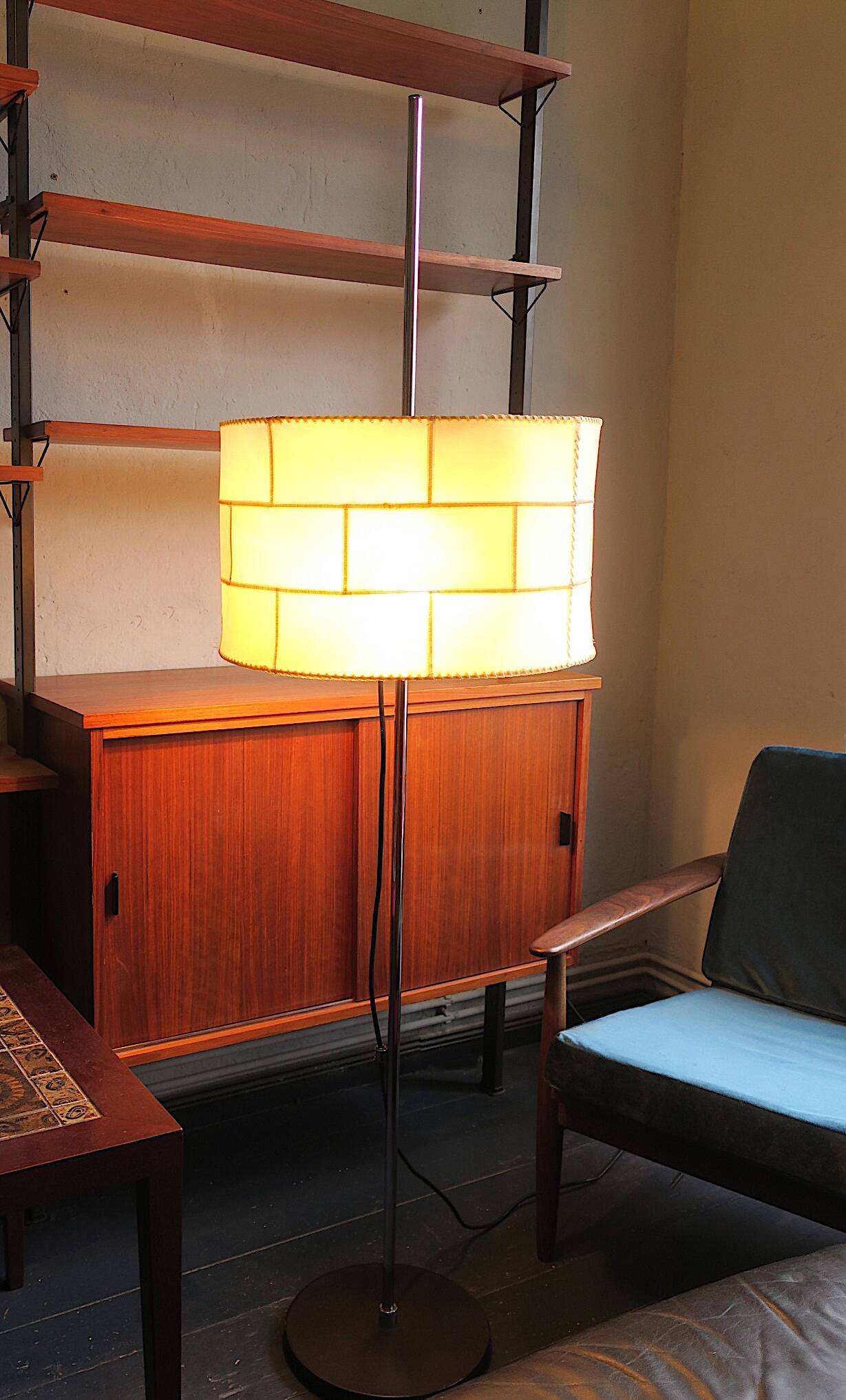 Staff patchwork floor lamp, parchment shade and black leather foot, 1960s