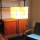 Staff patchwork floor lamp, parchment shade and black leather foot, 1960s