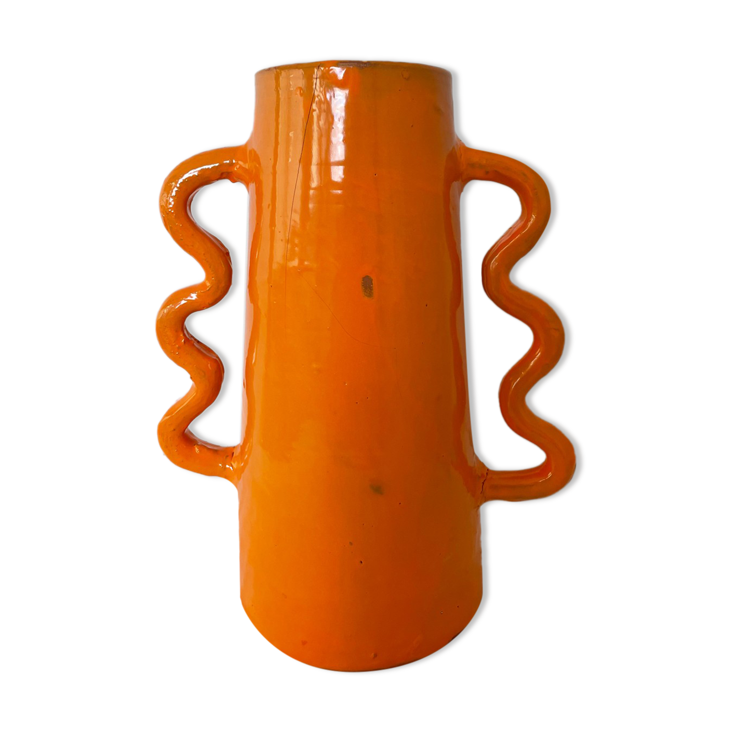 Handmade abstract orange ceramic vase with wavy handles