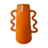 Handmade abstract orange ceramic vase with wavy handles