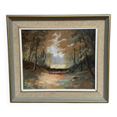 Mid Century Oil on Canvas "Autumn Forest Road" by E. Sjöborg