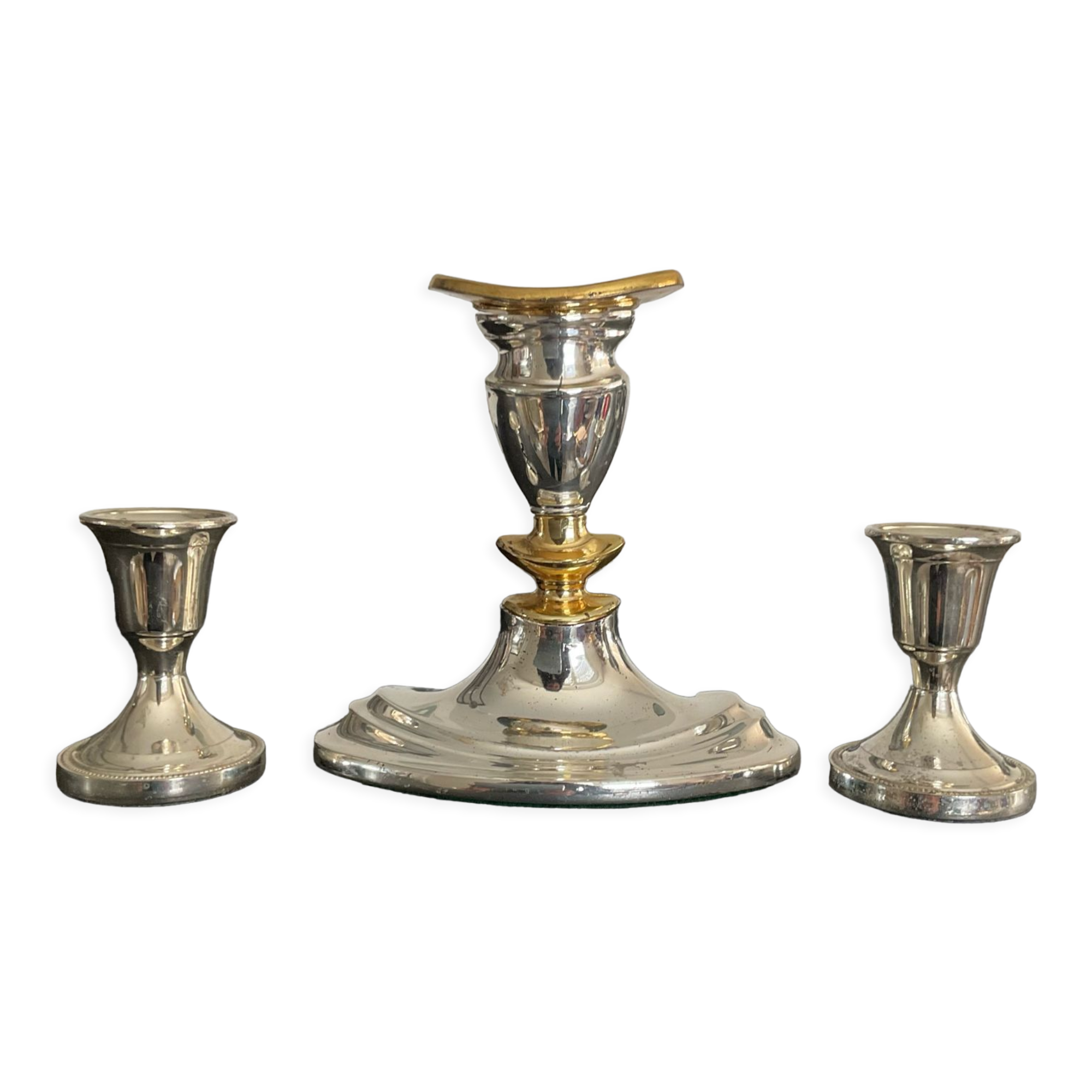 Trio de bougeoirs vintage en métal argenté et doré années 70