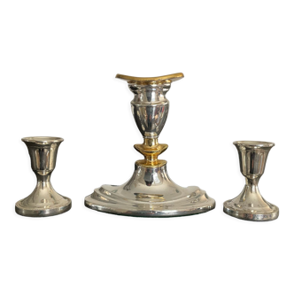 Trio of vintage candle holders in silver and gold metal 70s