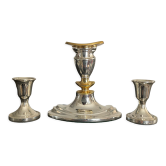 Trio de bougeoirs vintage en métal argenté et doré années 70