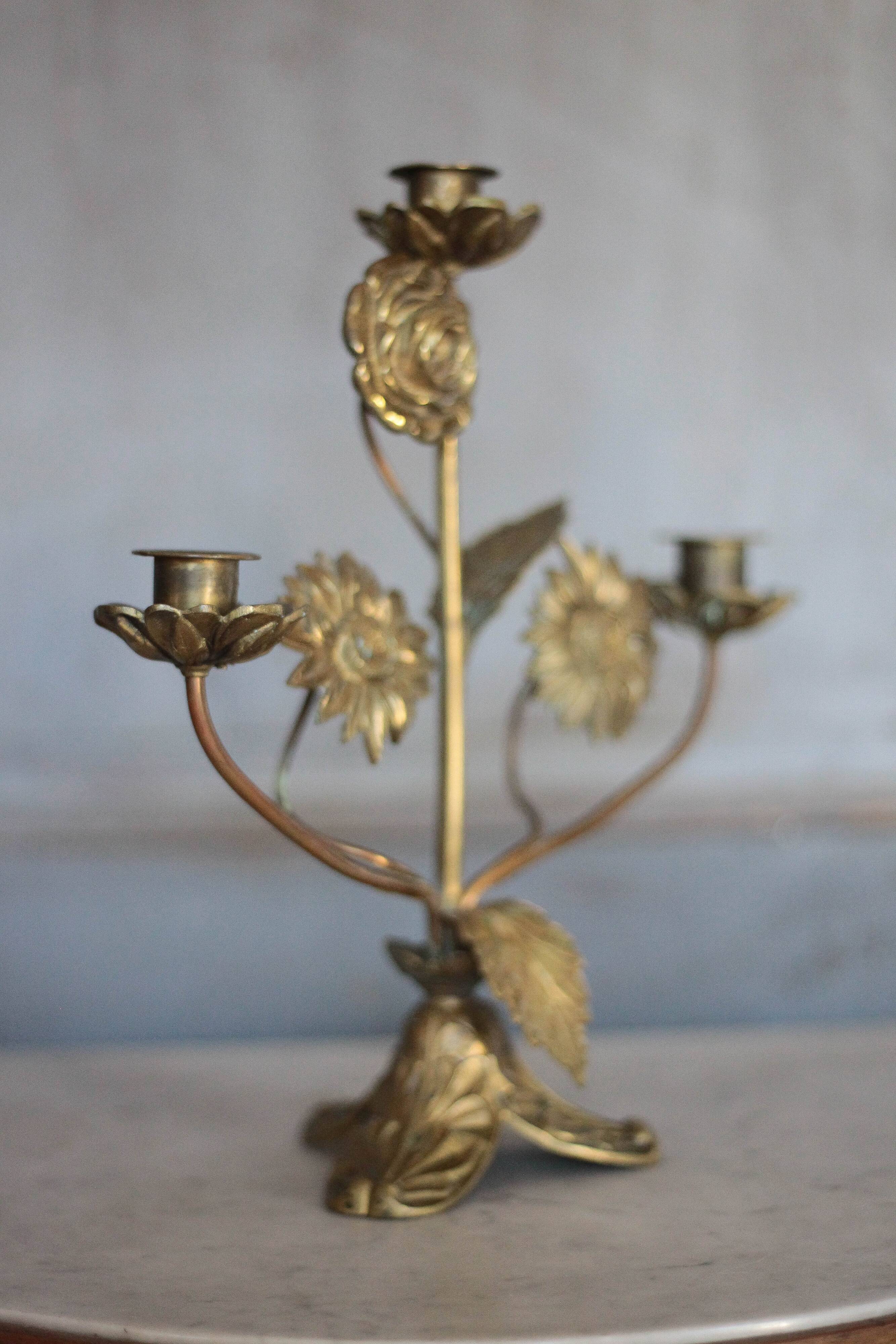 Brass candelabra with flowers, 3 candlesticks, church candle holder