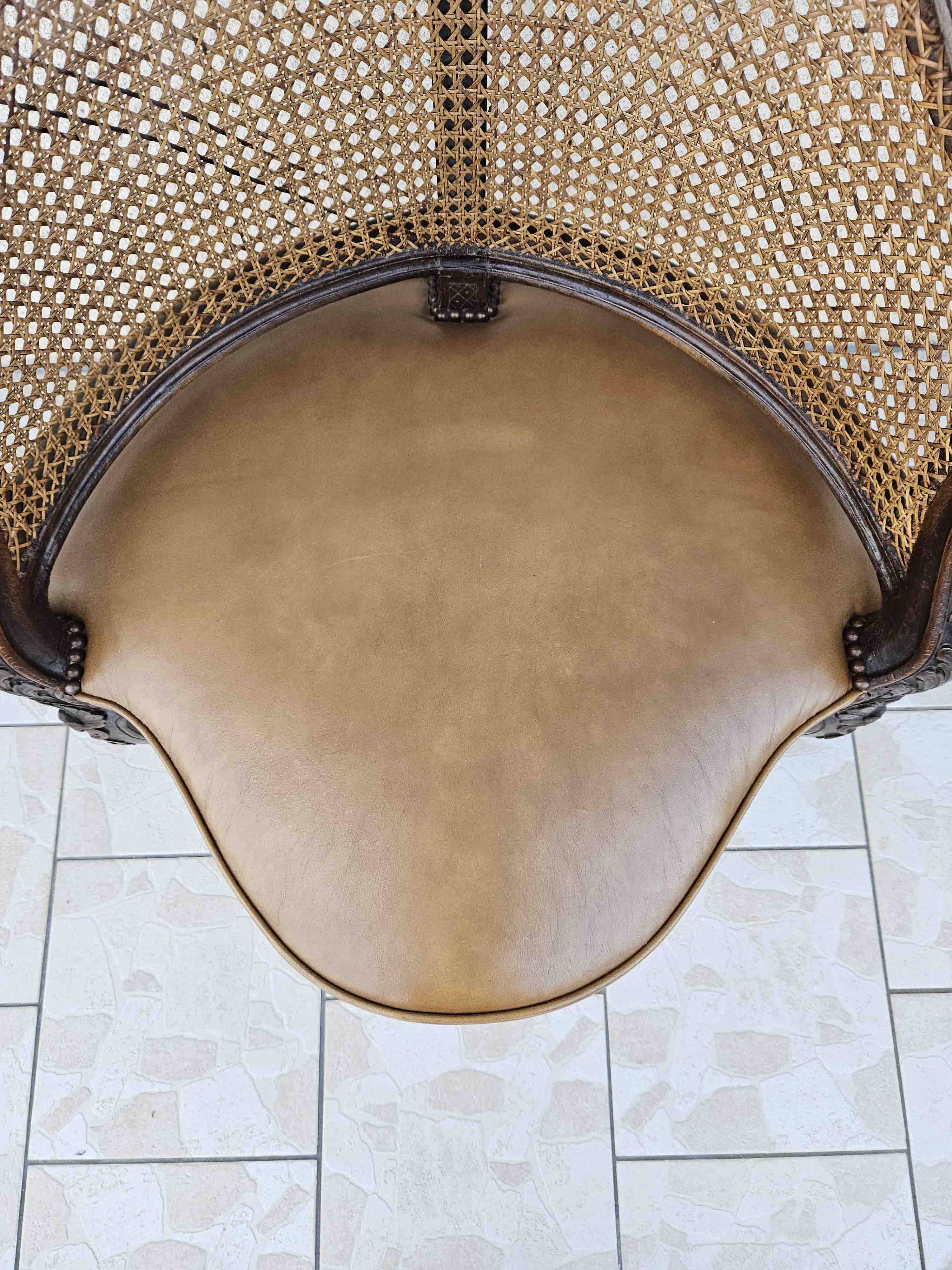 Louis xv office armchair, carved, cane, leather trimmed