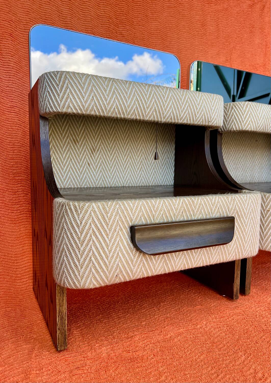 SET OF 2 VINTAGE 1970S NIGHTSTANDS/SOFA ENDS IN WOOD AND FABRIC