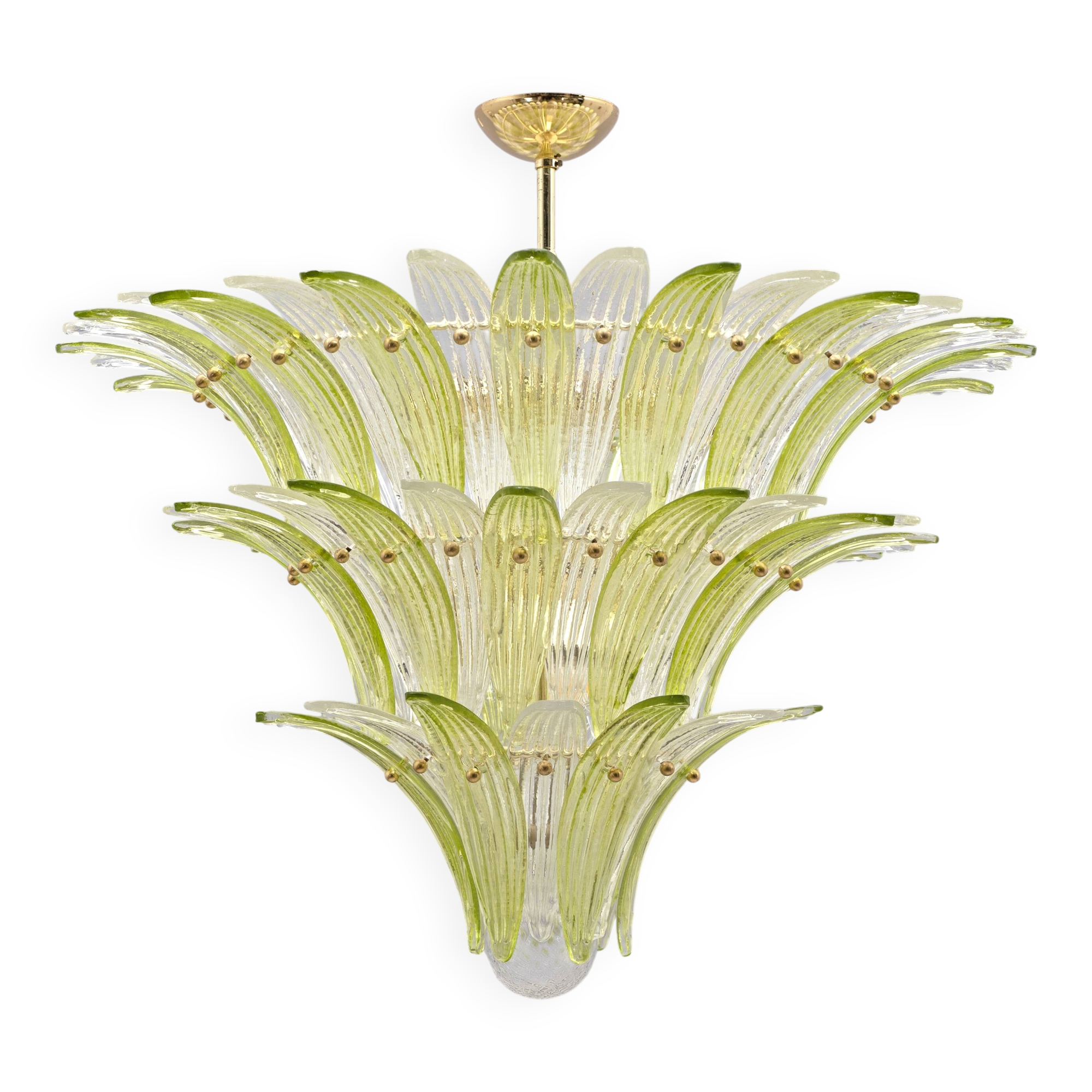 Mid-Century Murano Glass Palmette Chandelier in Green and Clear Glass, Ital