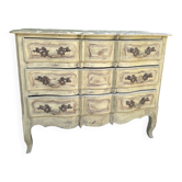 Curved antique commode in pistachio green patina.