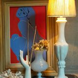 Alabaster table lamp, baluster foot, virgin wool lampshade