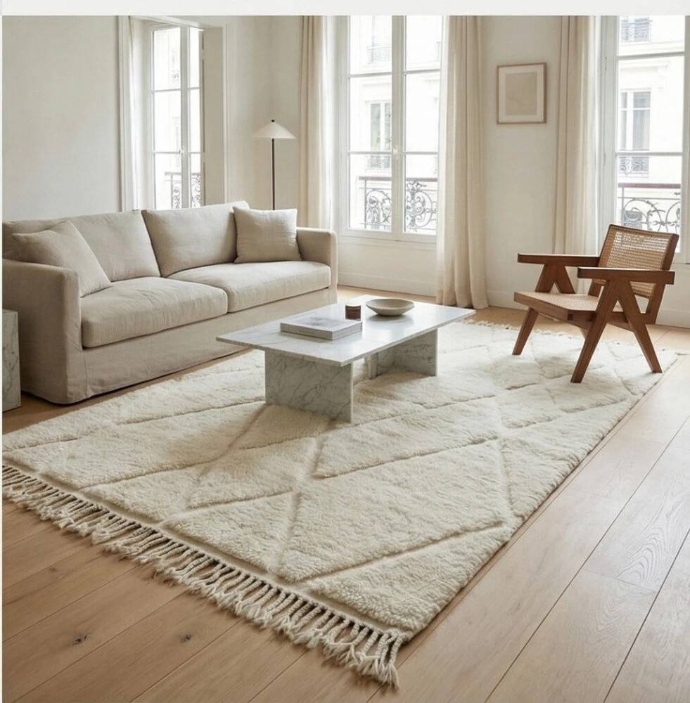 Berber wool rug with abstract white patterns