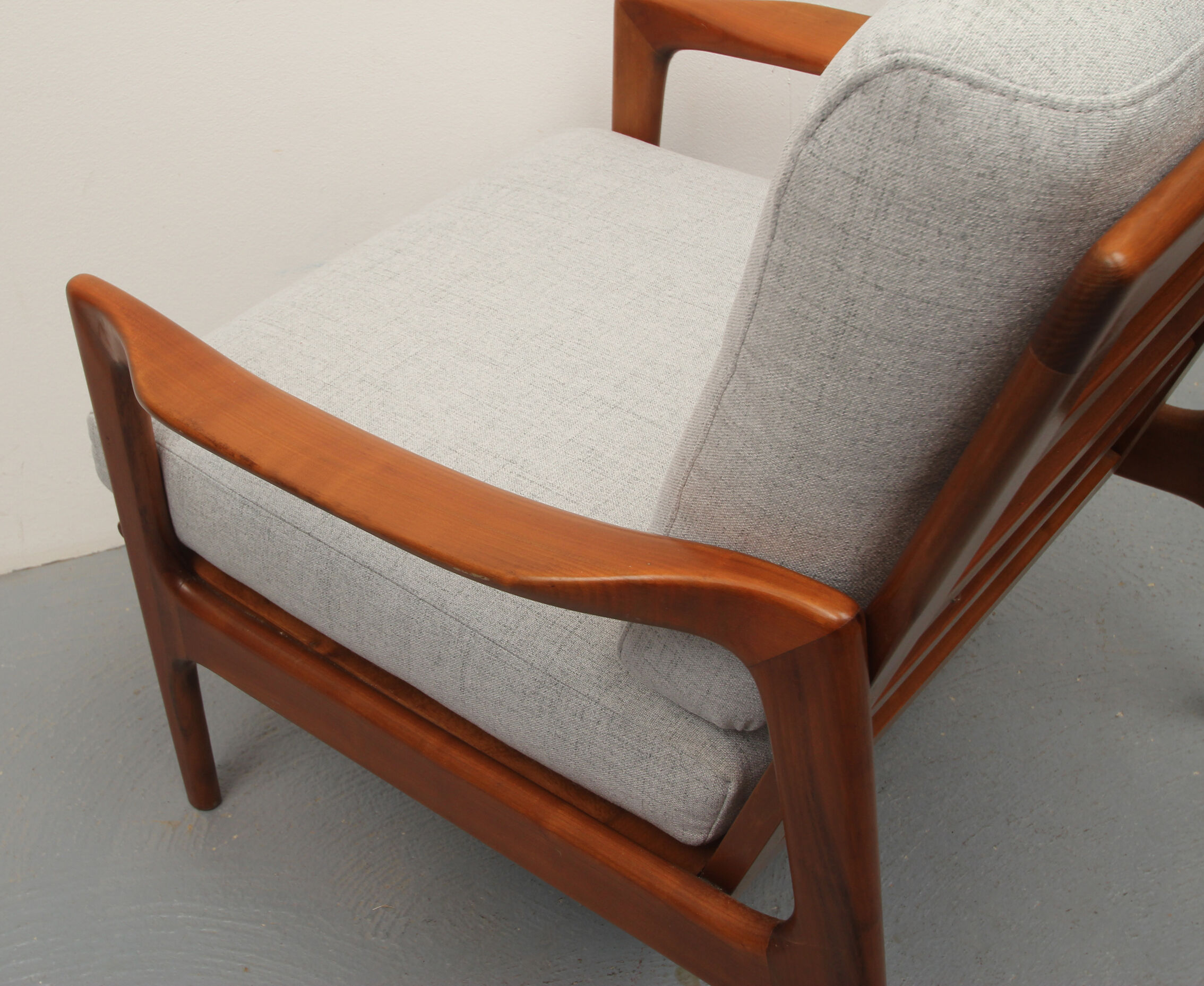 1960s armchair in cherrywood, light grey with green cushion