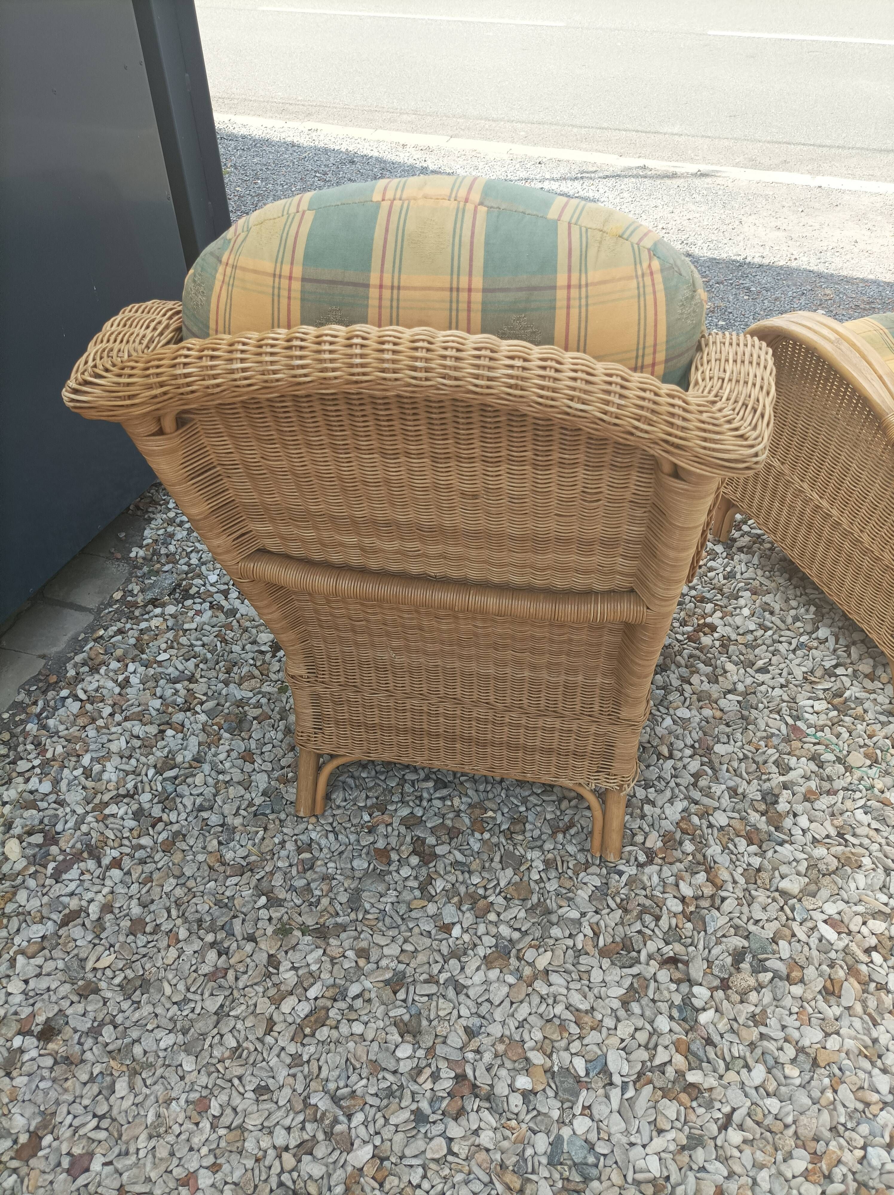 Pair of old armchairs wicker rattan & foot rest vintage year 60