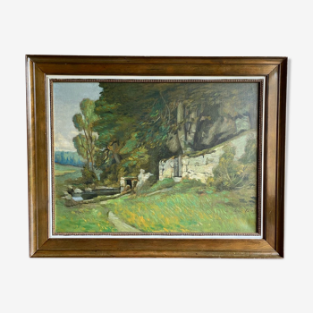 Ancient painting, country landscape, signed René Bentz 20th century