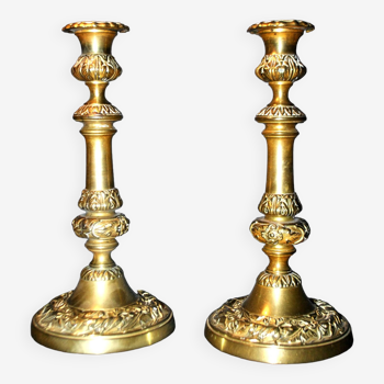 Pair of old gilded bronze candlesticks - candelabra decorated with climbing ivy and acanthus leaves