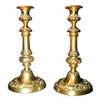 Pair of old gilded bronze candlesticks - candelabra decorated with climbing ivy and acanthus leaves