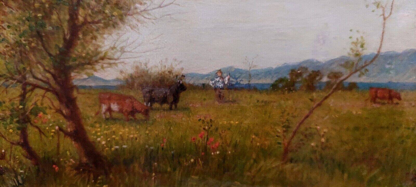 Antique oil painting on panel landscape figures cows - 19th century