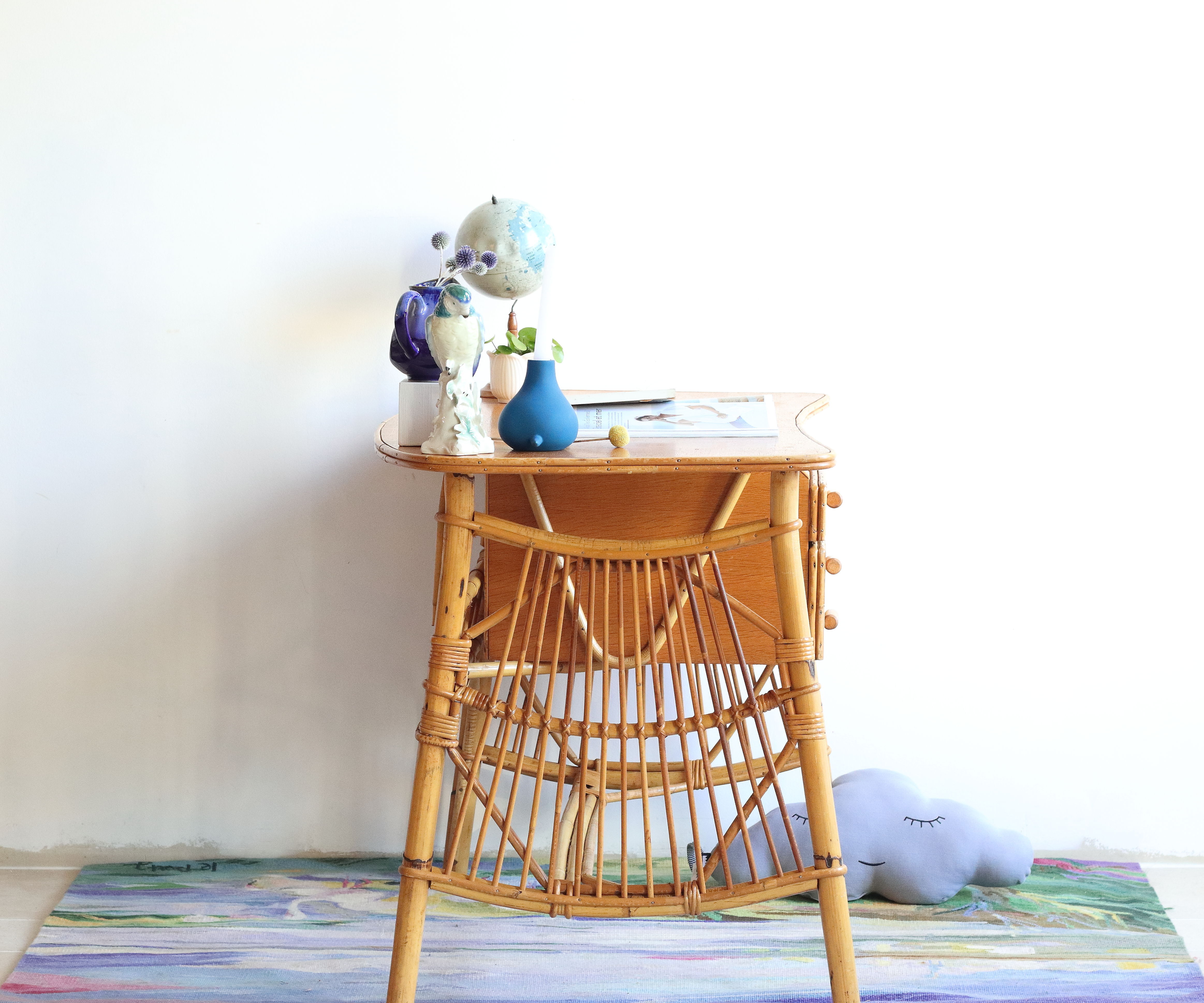 Bean desk two rattan drawers and oak veneer