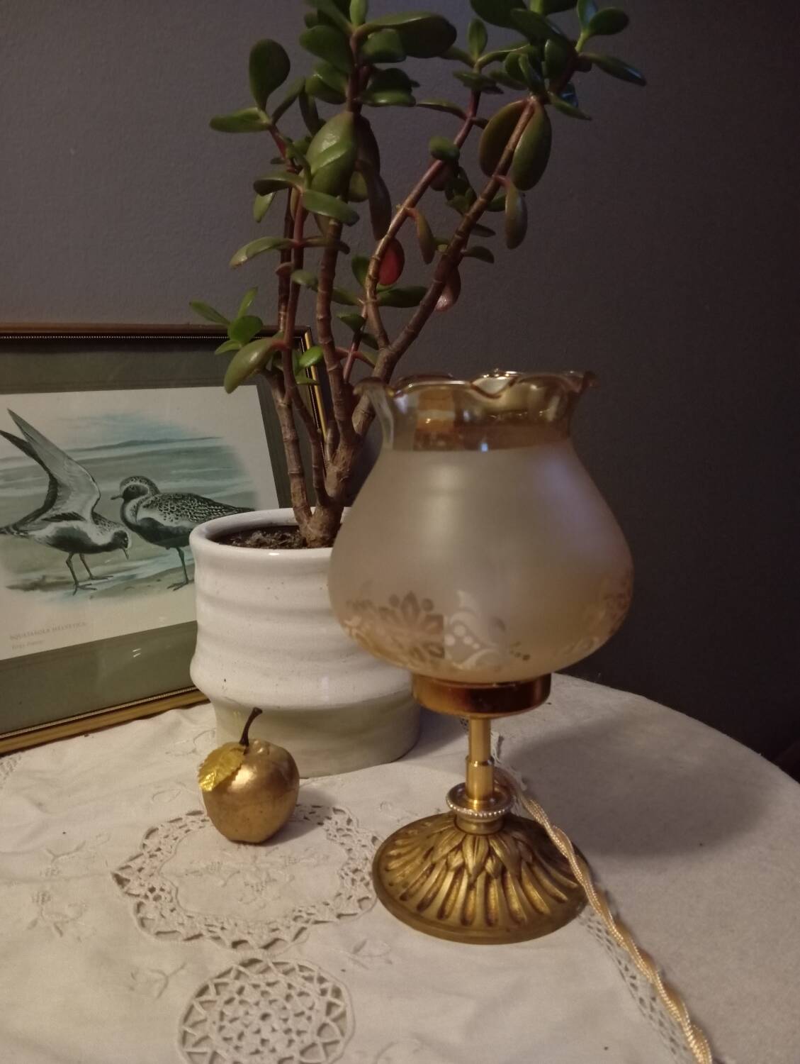 Bronze foot table lamp, satin amber lampshade, circa 1960