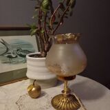 Bronze foot table lamp, satin amber lampshade, circa 1960