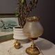 Bronze foot table lamp, satin amber lampshade, circa 1960