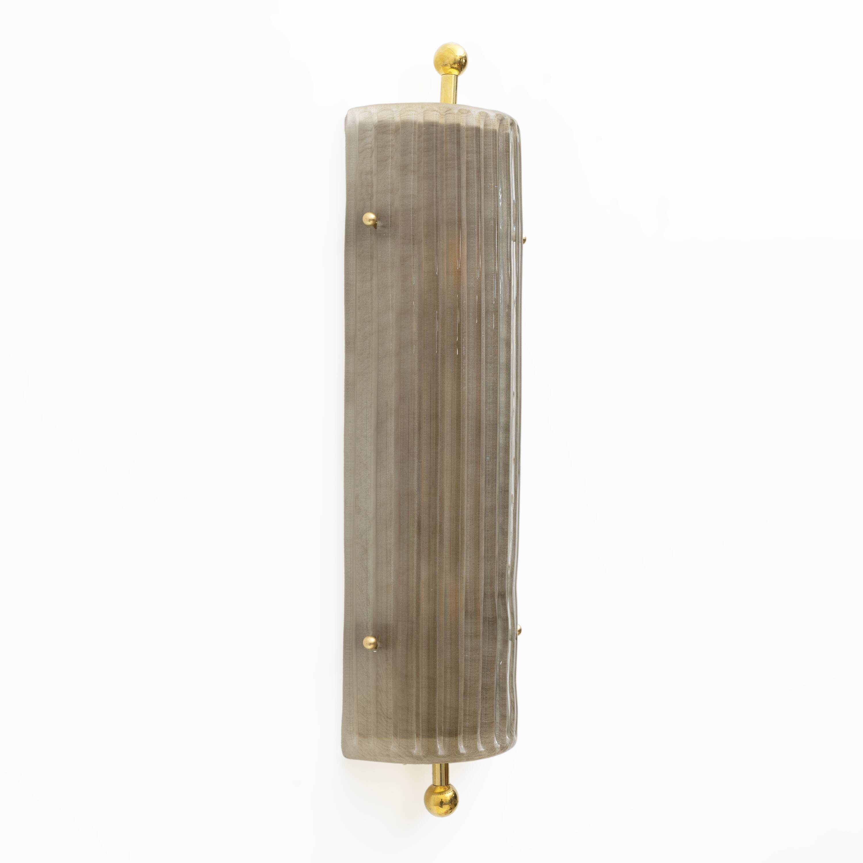 Pair of Art Deco Style Smoked Murano Glass and Brass Sconces