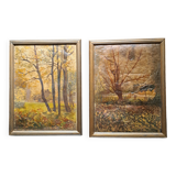 2 impressionist paintings - pair of oil on canvas - 2 signed autumn landscapes