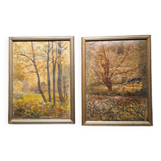 2 tableaux impressionnistes - paire d'huile sur toile - 2 Paysages d'automne signés