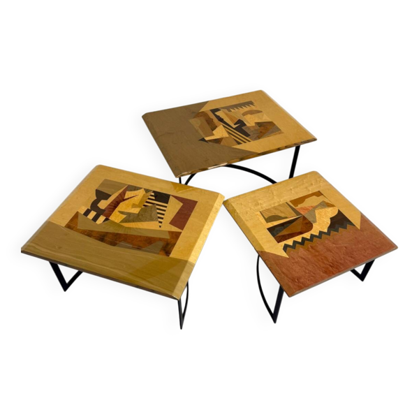 Table basse gigogne marqueterie géométrique design italien vintage
