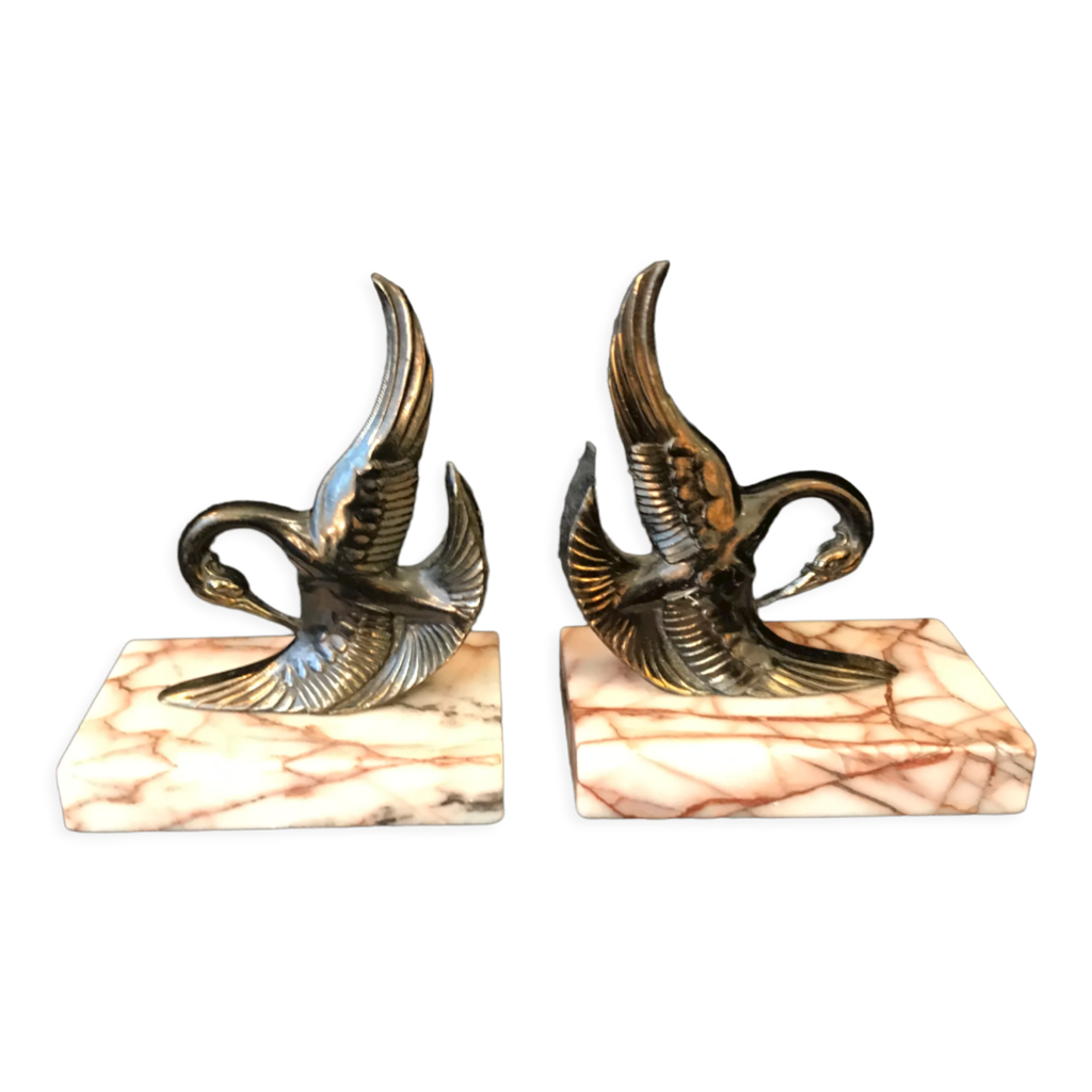 Paire De Serre-livres Anciens Marbre Et Régule Doré - Motif Oiseaux - Art Déco