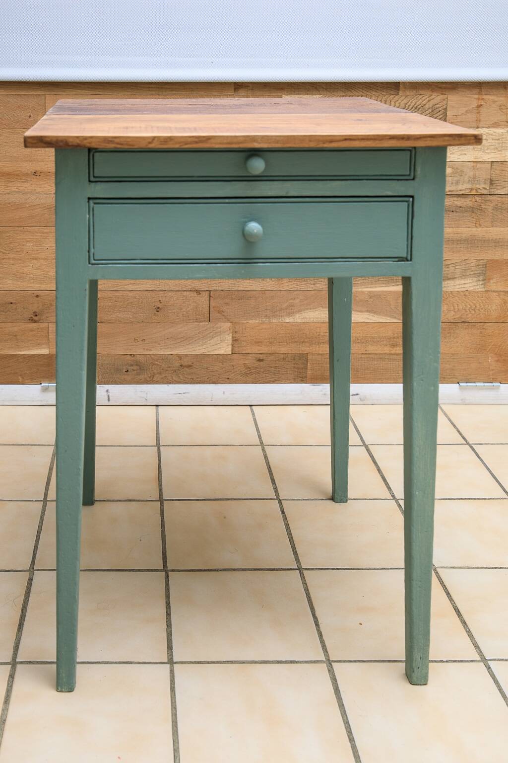 Vintage oak side table painted green, restored