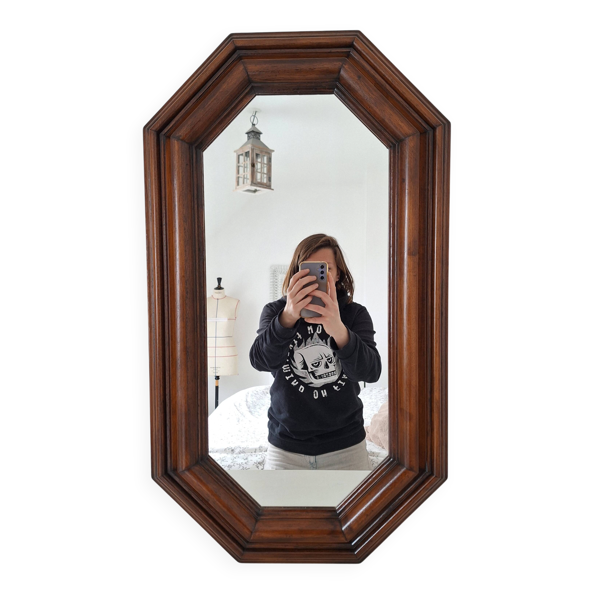 Octagonal wooden mirror from the 1980s.