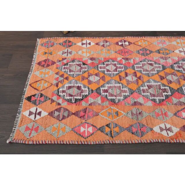 Vintage Turkish Oushak handmade wool cotton orange runner rug 71x202