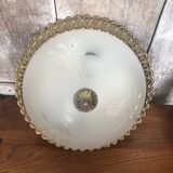Ancien plafonnier verre gravé + contour métal doré vintage