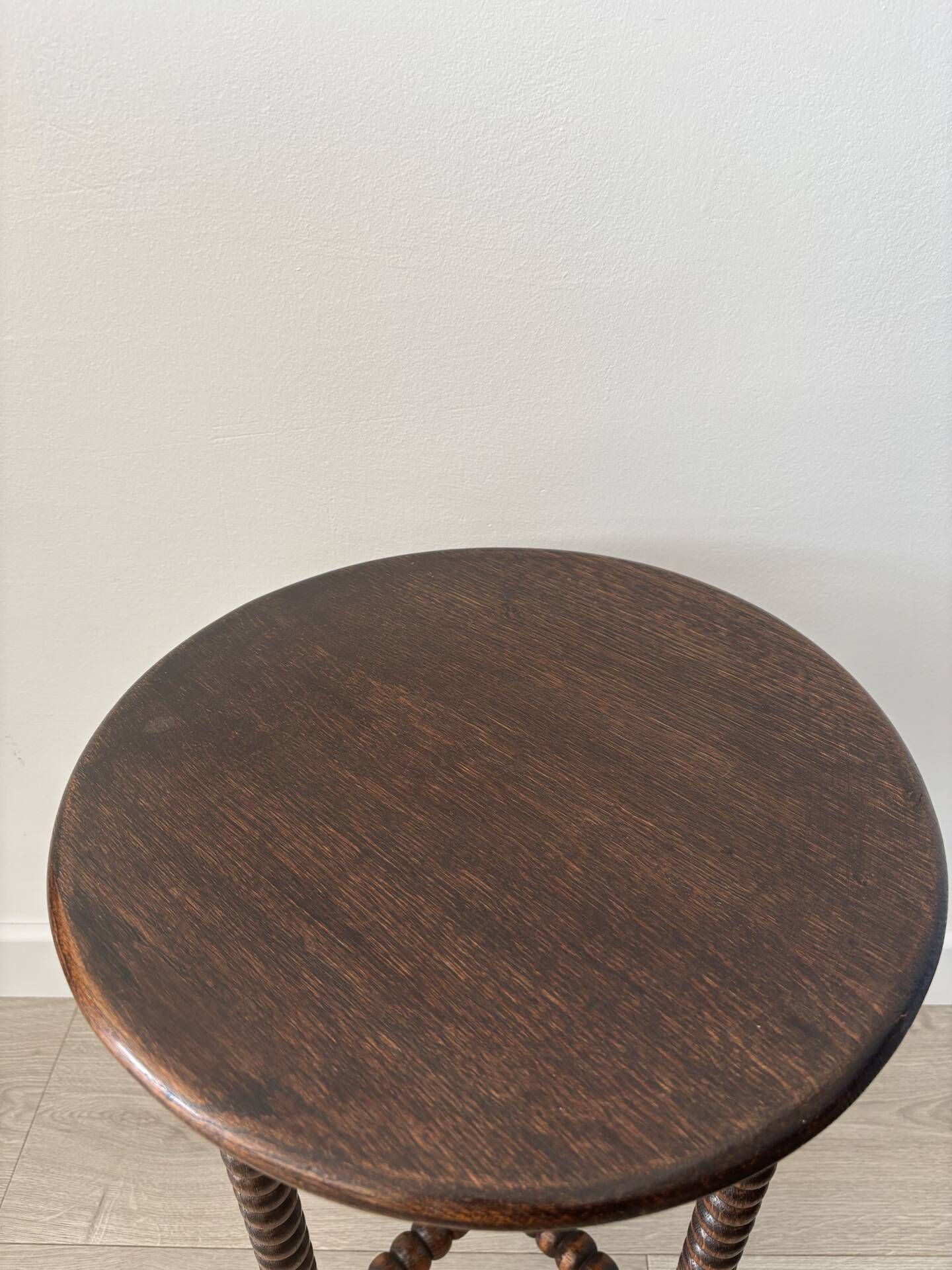 Small vintage turned wooden side table, round wooden accent table.