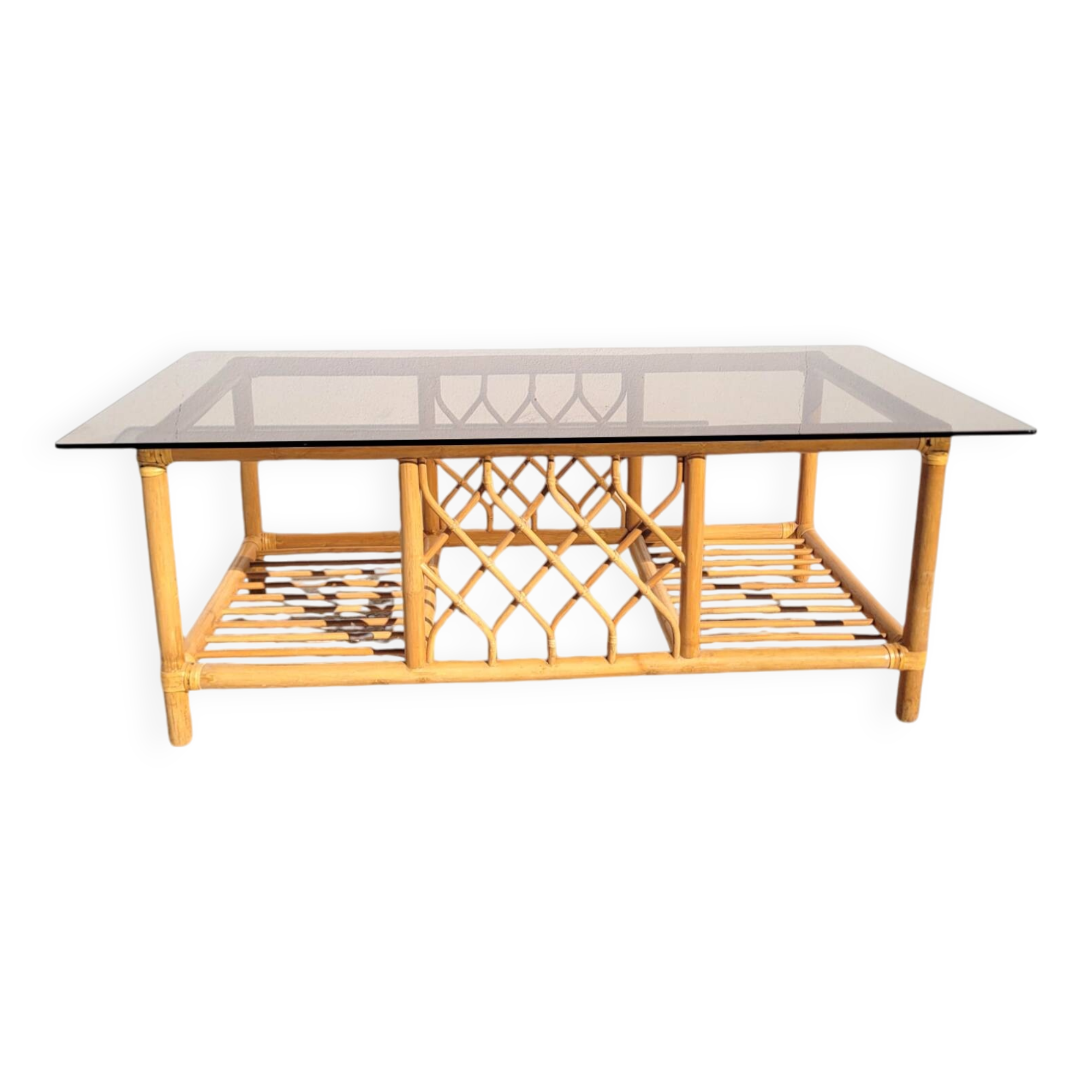 Rattan and smoked glass coffee table