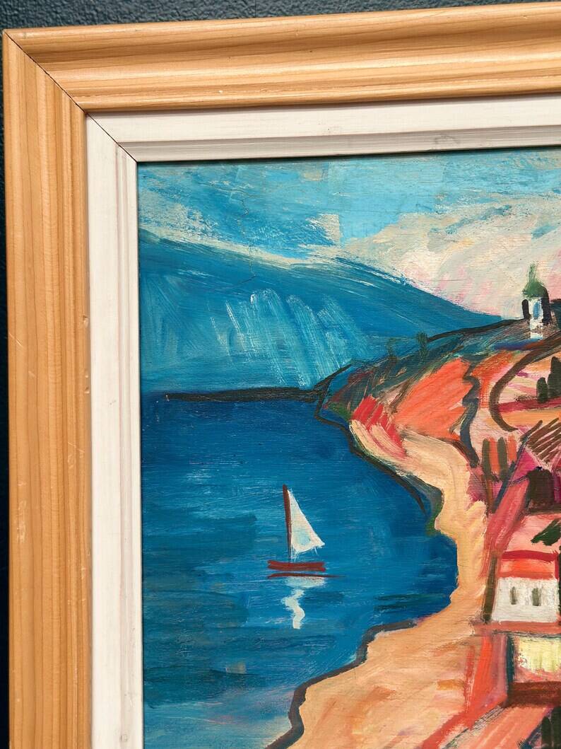 Original Swedish Oil on Panel – “Coastal Town” by Bartovicz 71 – Vintage & Framed – 51 × 41 cm (20" x 16.1")
