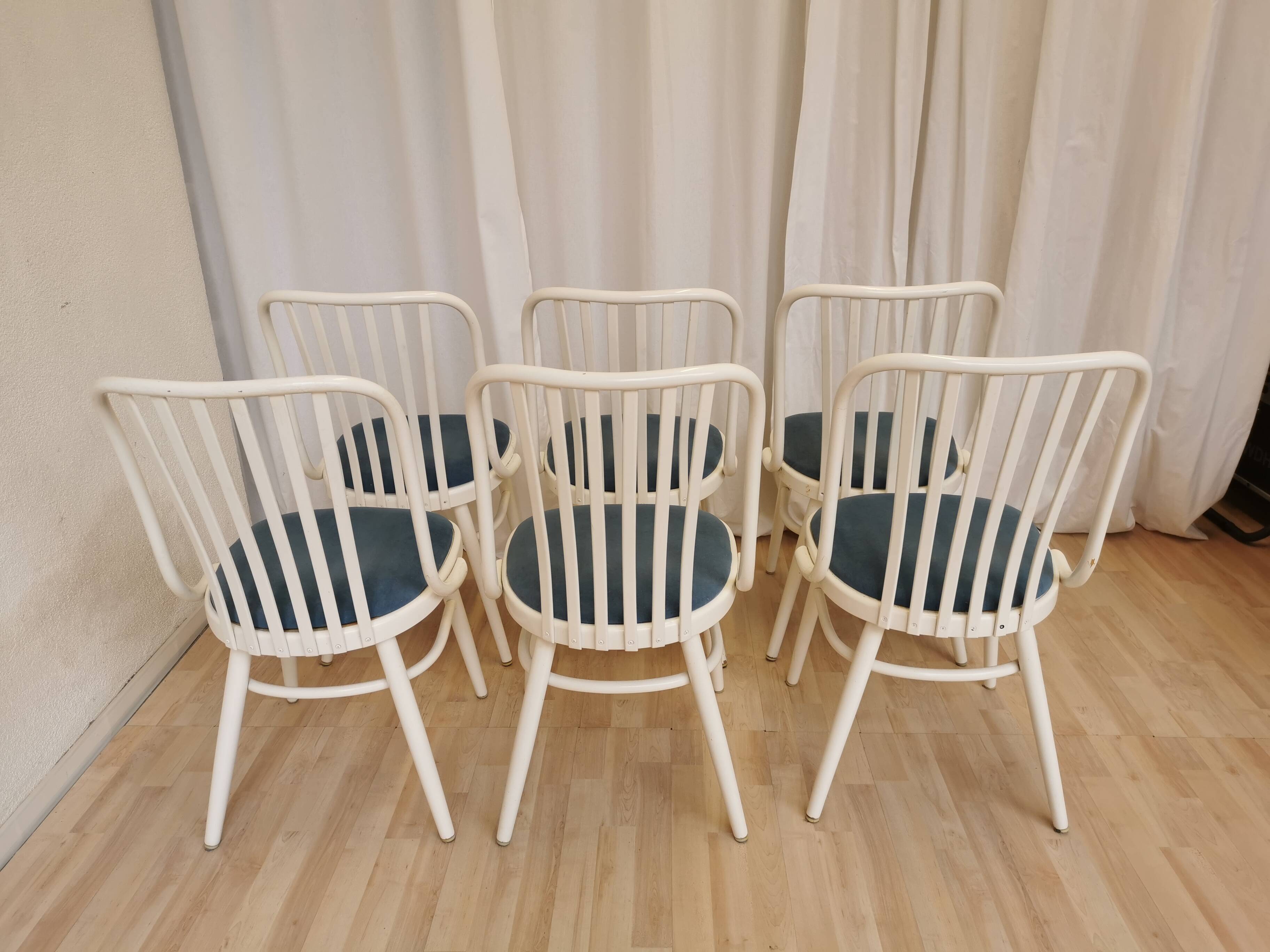 Set of 6 Vintage Bentwood Dining Chairs: White Ligna Style, Blue Fabric