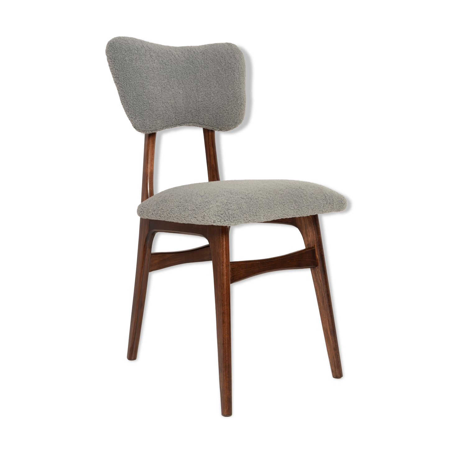 Chaise de salle à manger papillon milieu du siècle, bouclé gris, bois noyer foncé, Europe, années 1960