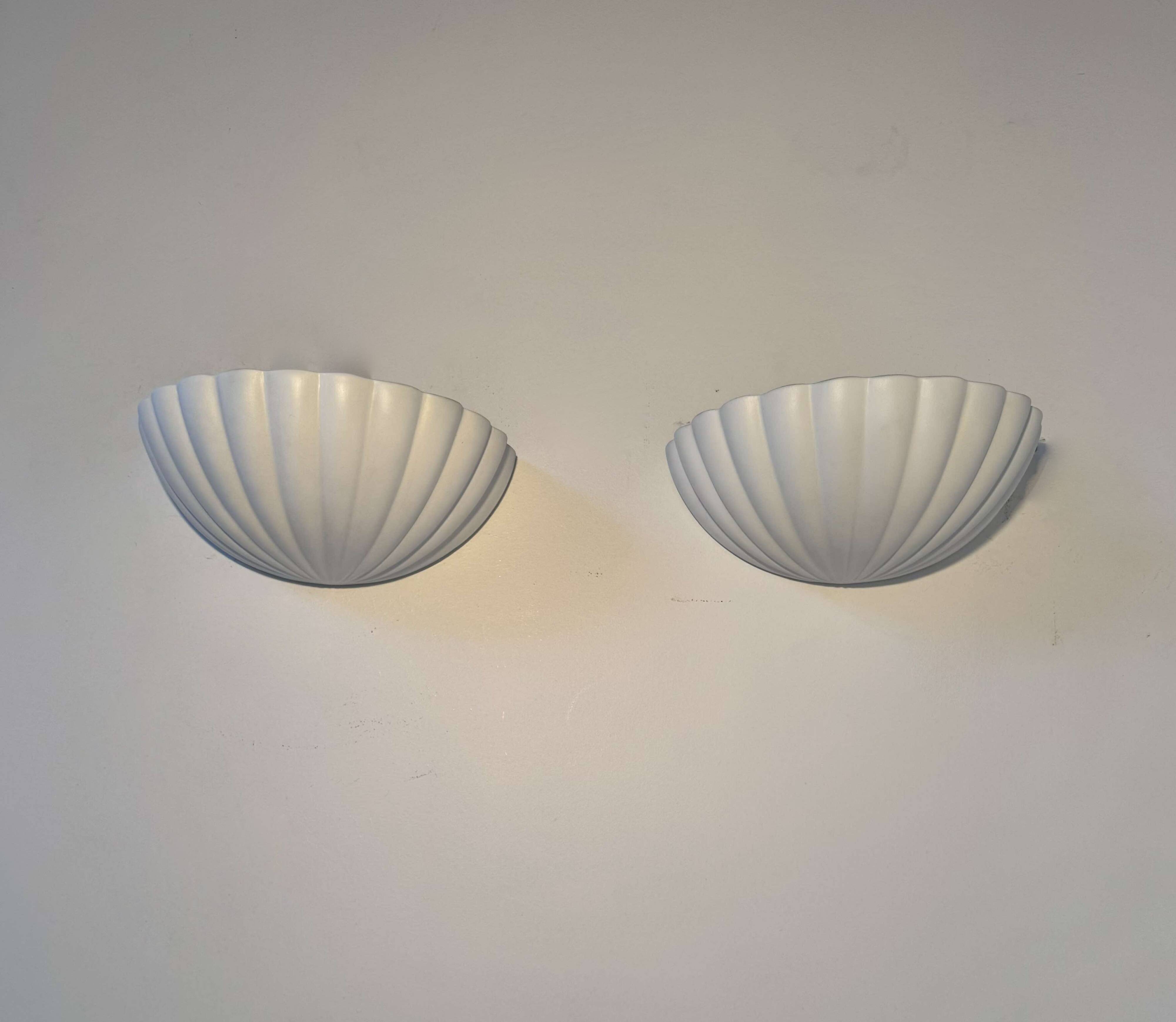 Pair of vintage shell wall lights, matte white, France 1970