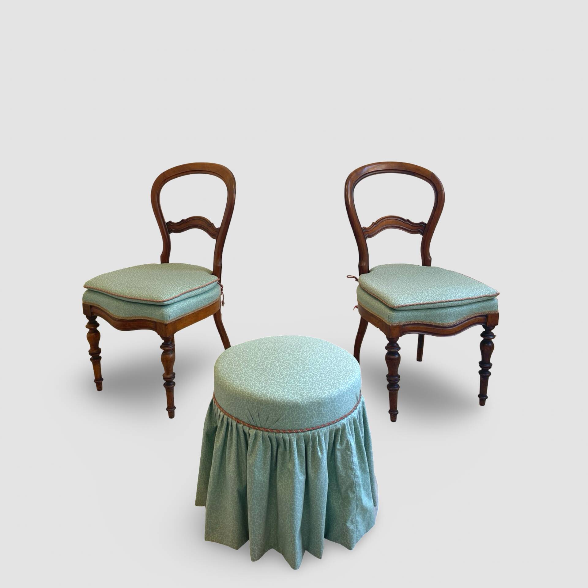 Antique Victorian era ballon back chairs and stool