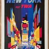 "Fly Twa New York" print by artist David Klein, California, 1960