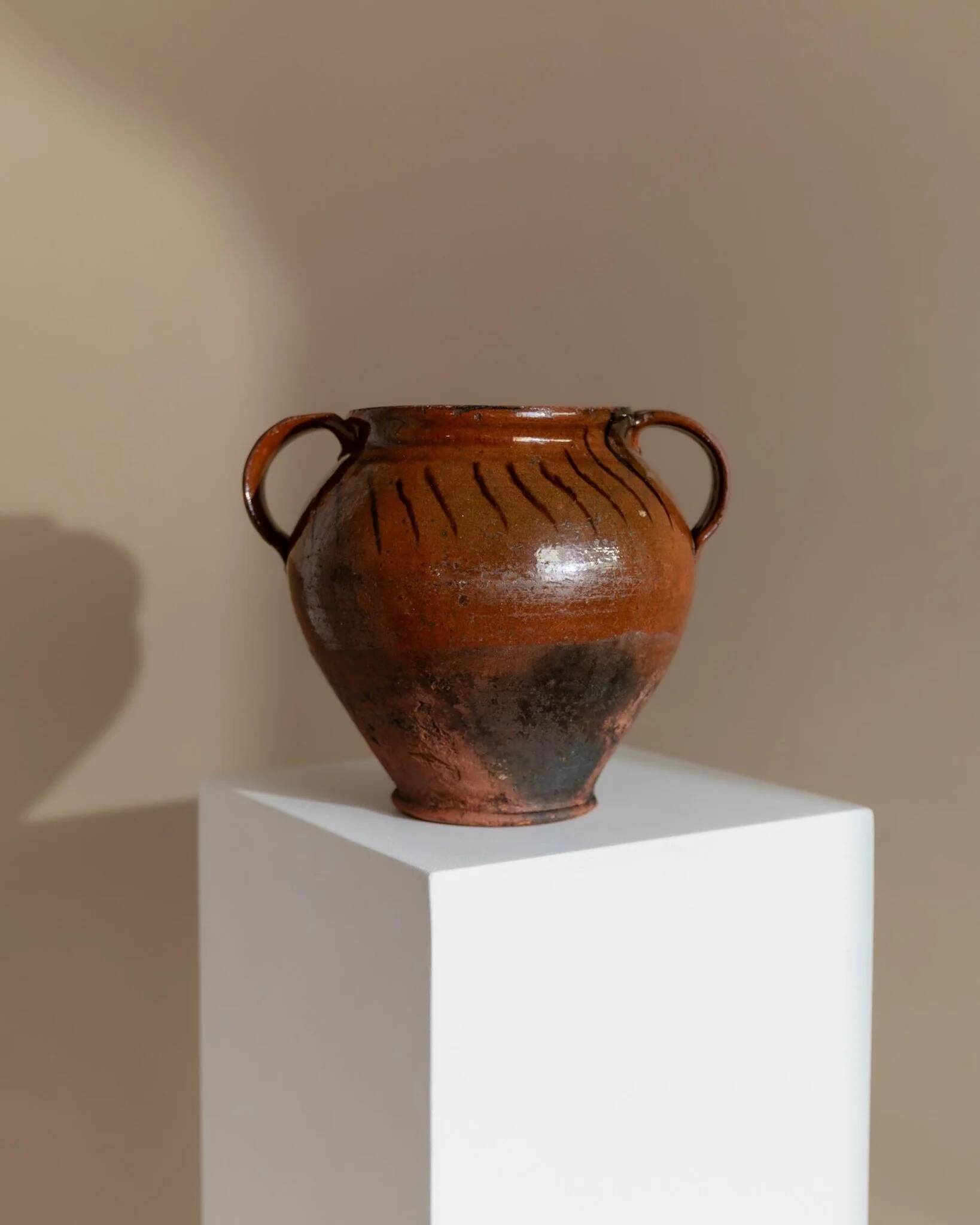 Antique rustic brown terracotta ceramic confit pot with twin handles, 19th-century Italy, farmhouse vase decor