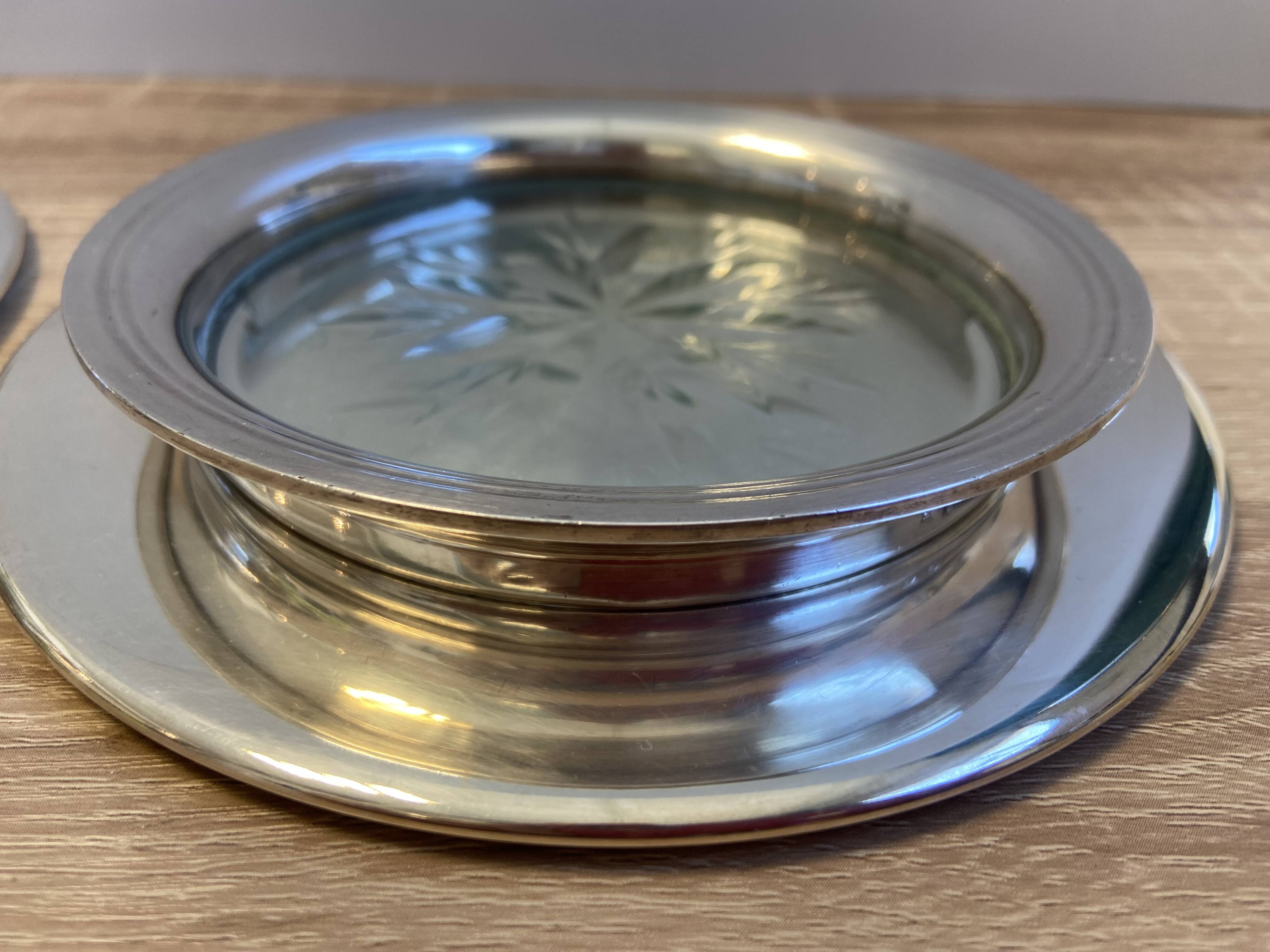 Lot Pair of Silver Metal Bottle & Glass Coasters with Hallmarks