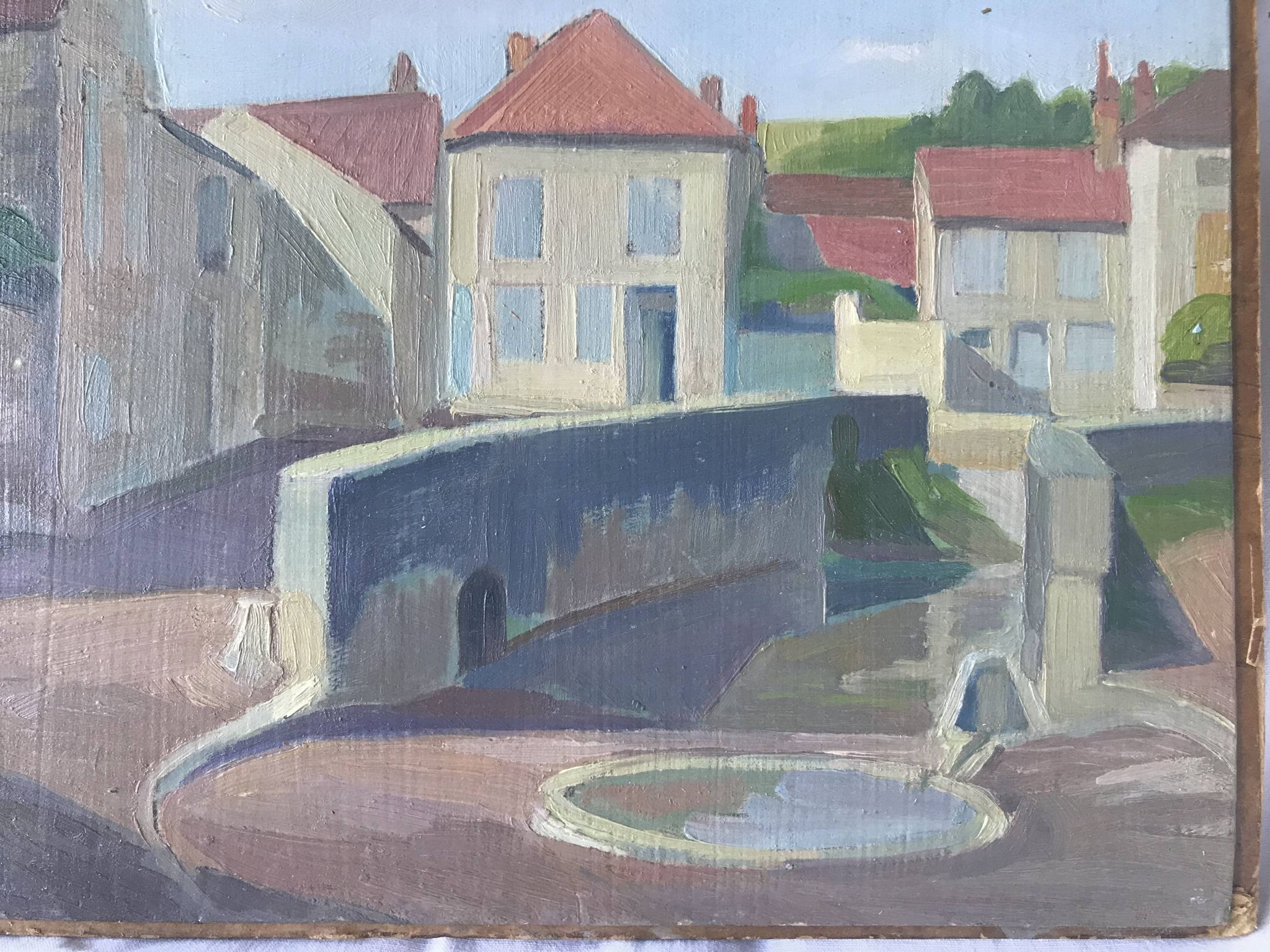 old painting oil on wood architecture village