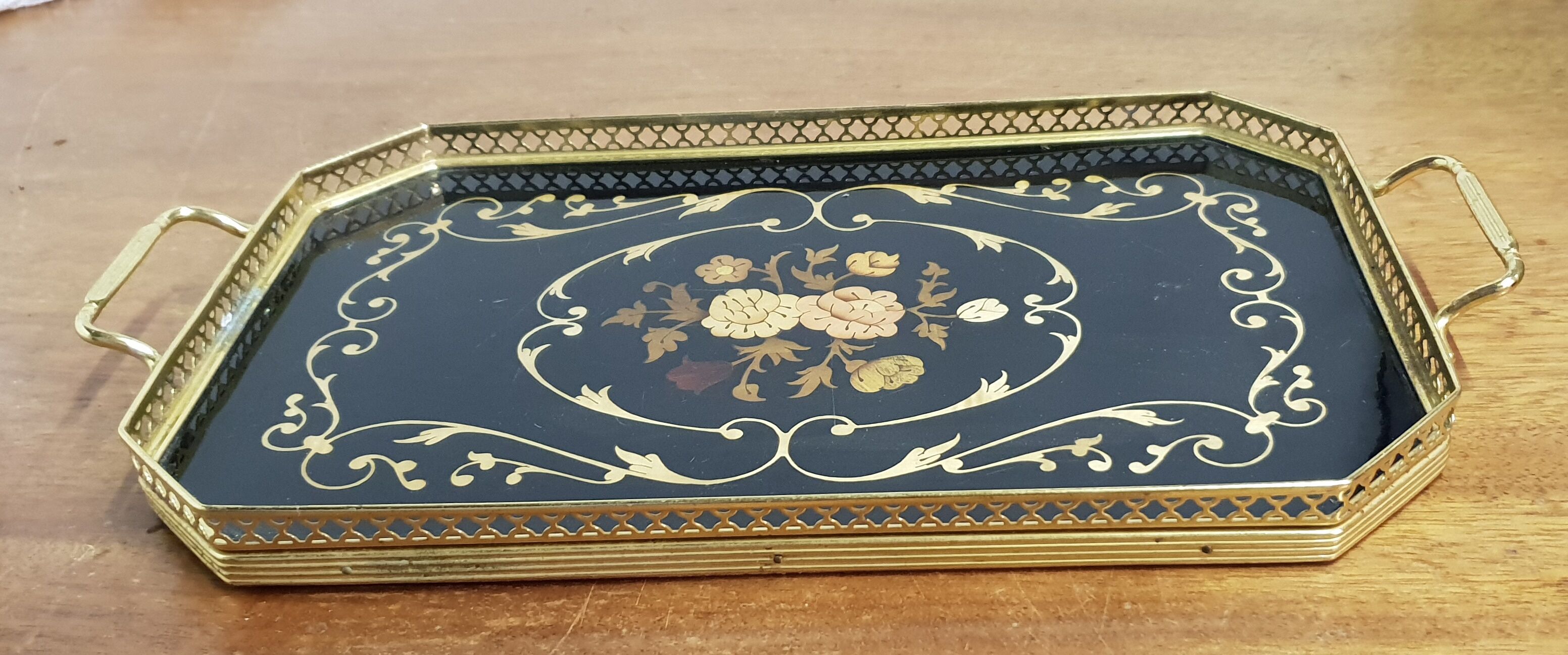 Old marquetry tray and gilded brass